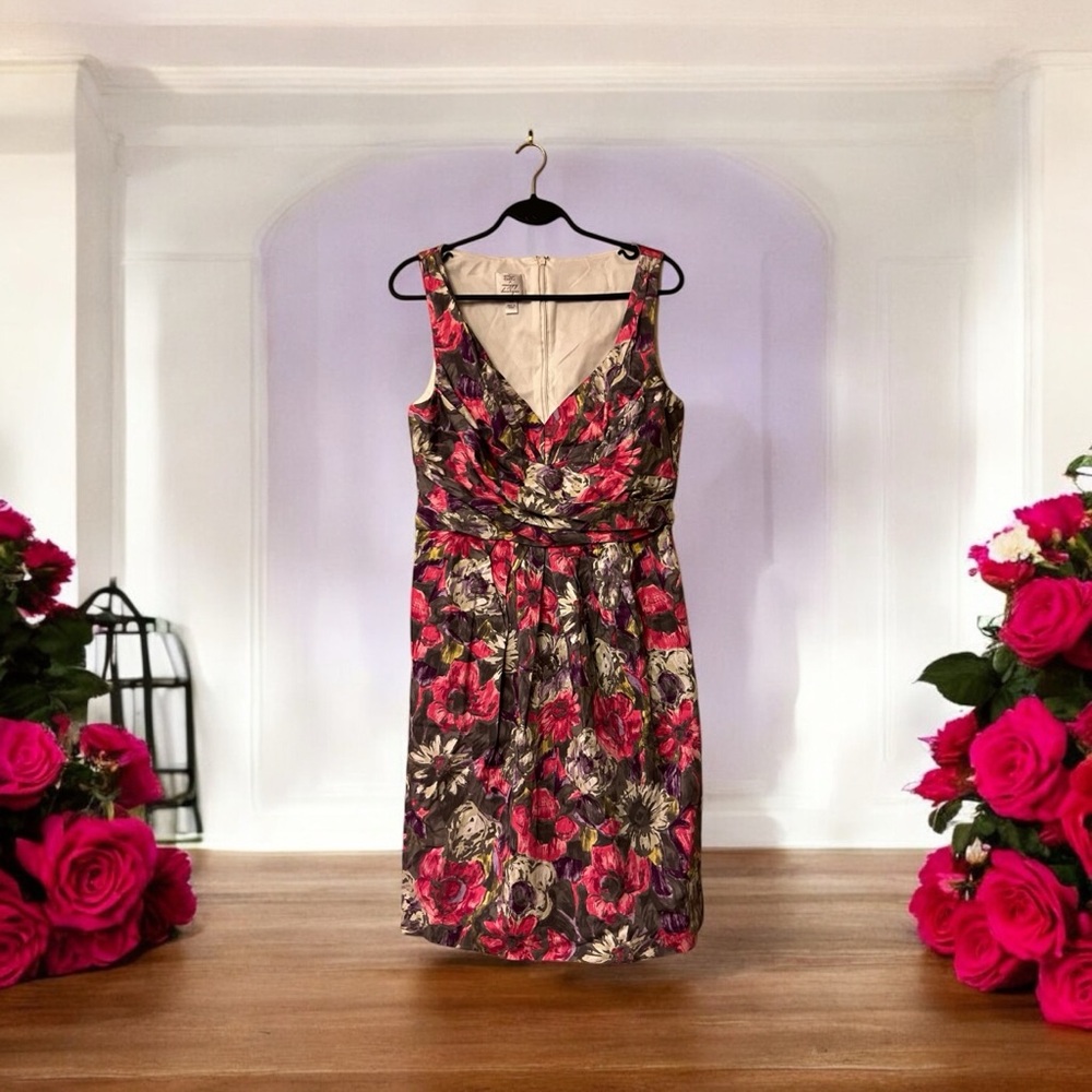 Suzi Chin Grey/Pink/Purple/White/Yellow Floral Print Sleeveless Dress